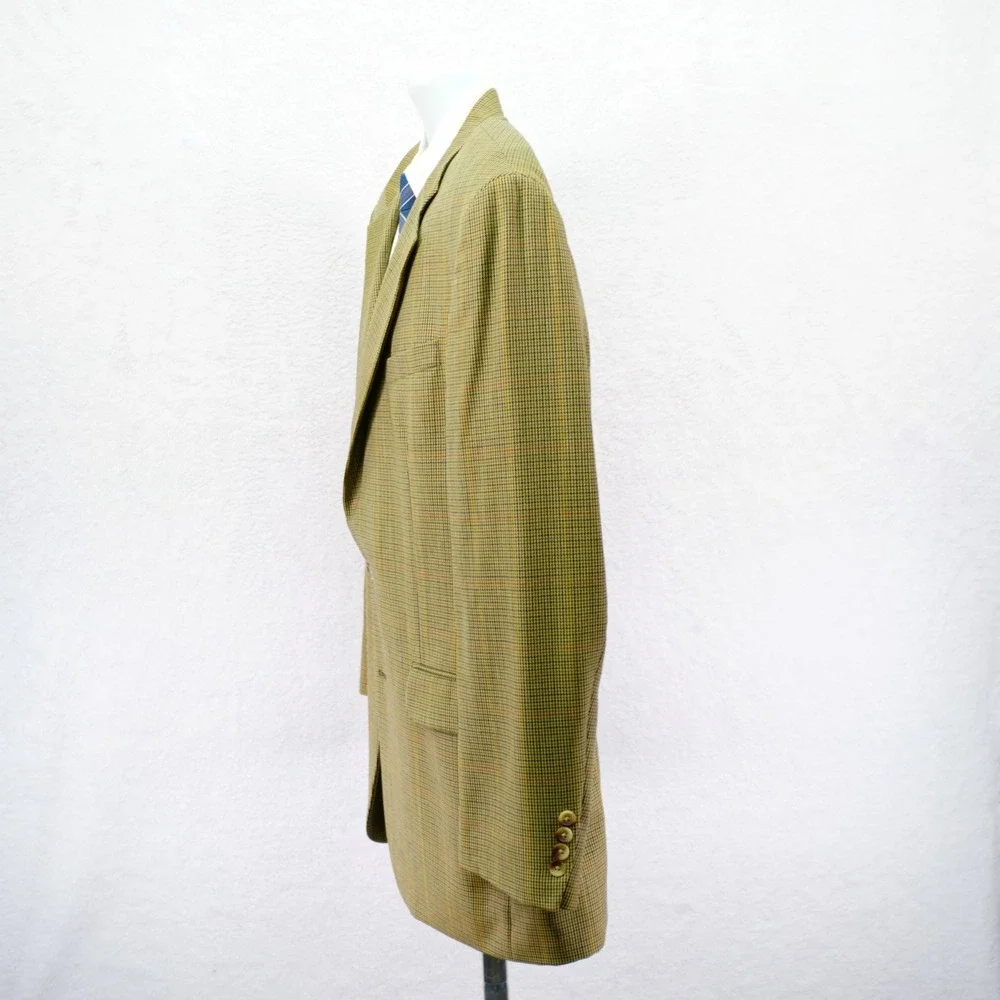 Nautica Wool Tan Green‎ Blue Houndstooth W/ Yellow Red Windowpane 46L Sport Coat